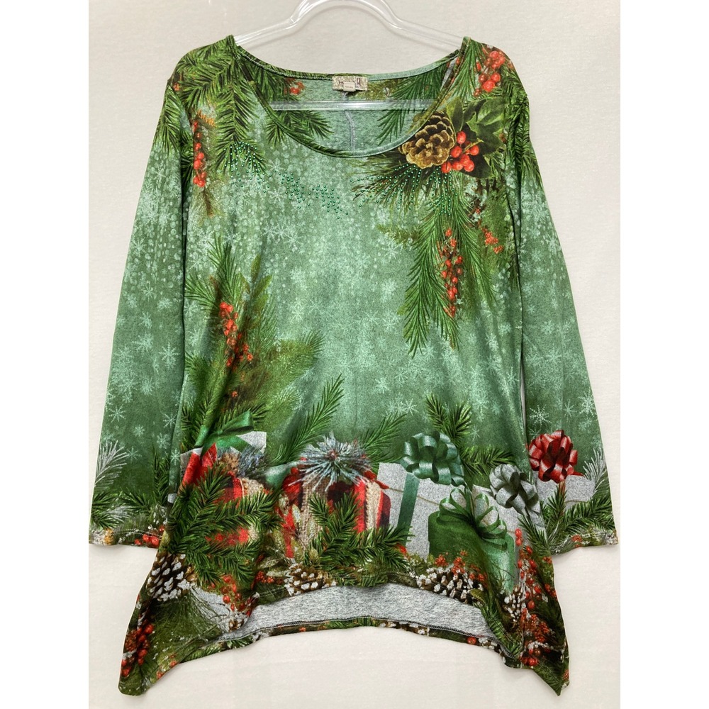 One World Tunic XL Green Pinecone Holiday Festive Shark-bite Stretch Knit